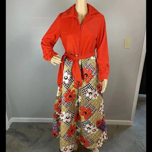 Vintage Evelyn Pearson Womens 14 70's Red Floral Nightgown Dress Belted Pockets - Picture 1 of 8